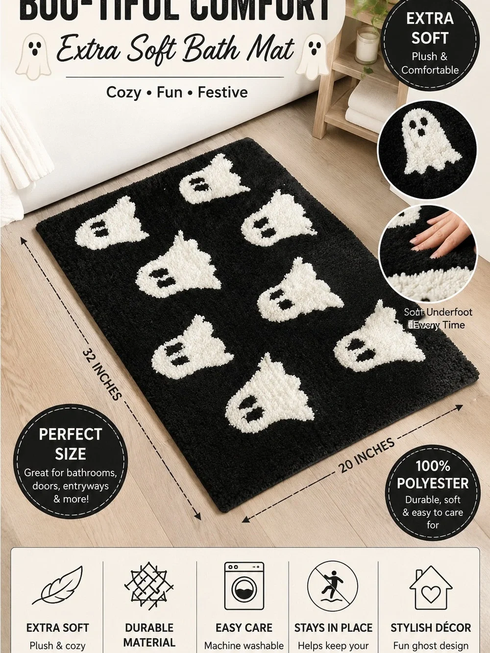Extra Soft Black & White Ghost Bath Mat – Cozy Halloween Bathroom Rug